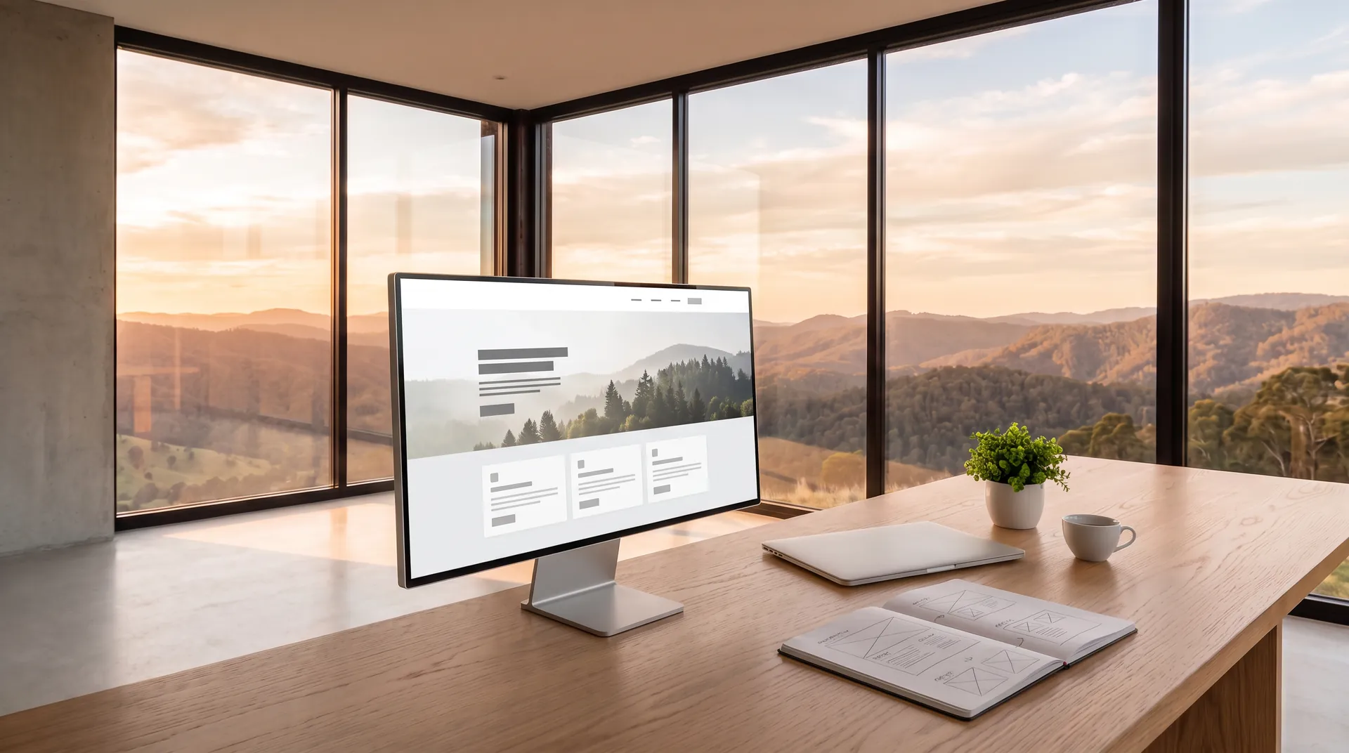 AI image: A bright workspace in a glass pavilion in the morning, a website draft on the screen, next to it a laptop, sketchbook and coffee, outside the hills of the Sauerland