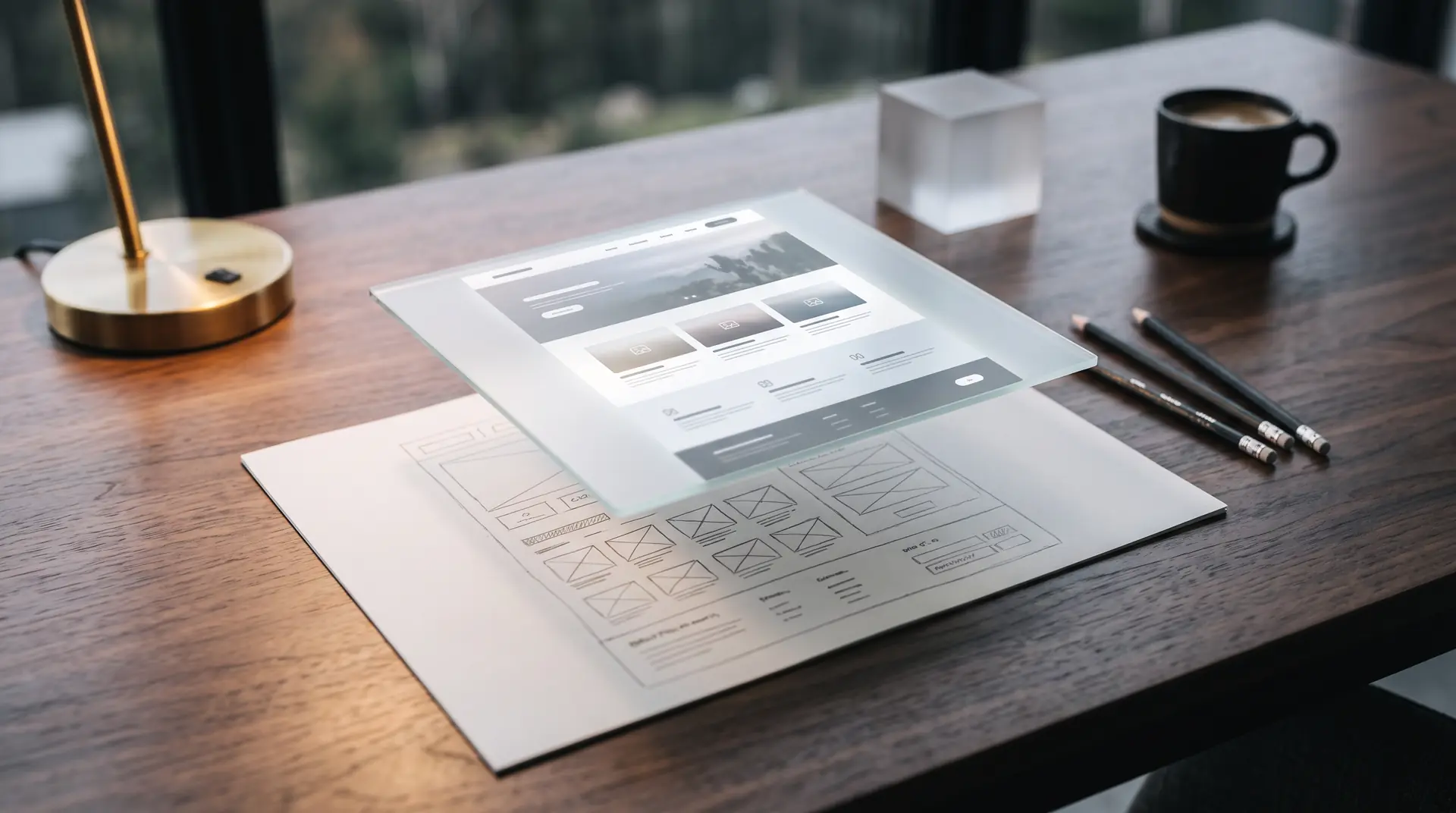 AI image: A pane of glass floats above a pencil sketch, showing the same layout fully designed