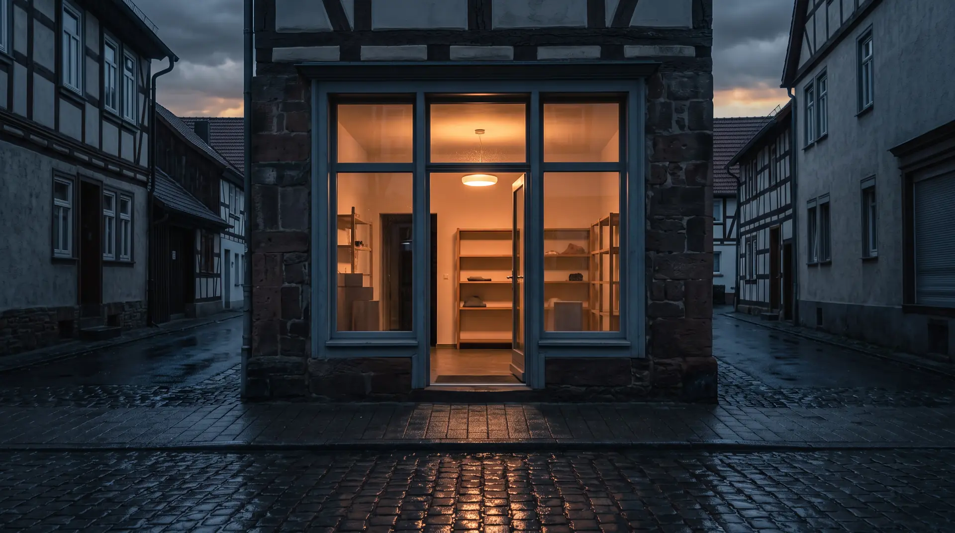 AI image: A shop door in a lane of half-timbered houses at blue hour, wet cobblestones